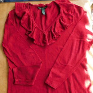 Ralph Lauren Green Label Deep Red Ruffle V-neck Sweater Cotton Silk Cashmere EUC